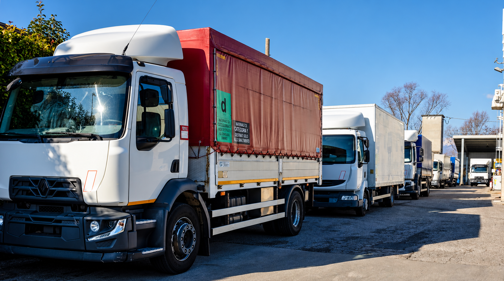 Camion per il trasporto in primo piano e flotta aziendale sullo sfondo